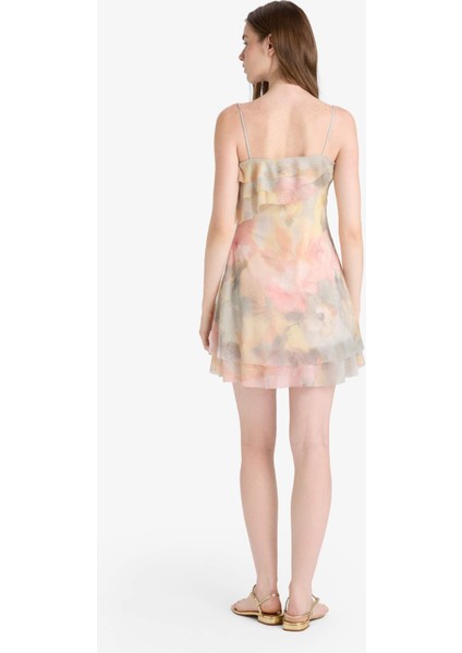 Fırfırlı Yaka Çiçek Desenli Tül Askılı Mini Elbise F6148AX25AU indirimleri