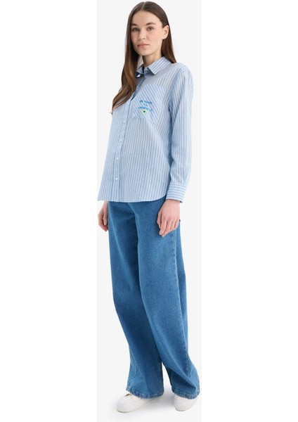 Relax Fit Baskılı Flamlı Pamuk Çizgili Uzun Kollu Gömlek Tunik C8854AX25SM fiyatları
