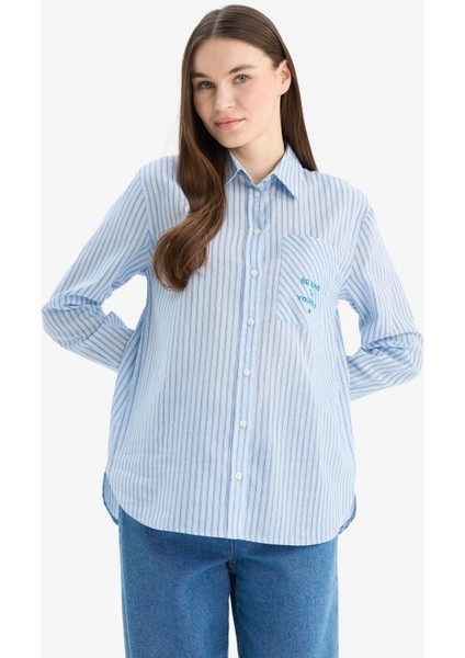 Relax Fit Baskılı Flamlı Pamuk Çizgili Uzun Kollu Gömlek Tunik C8854AX25SM fırsatları