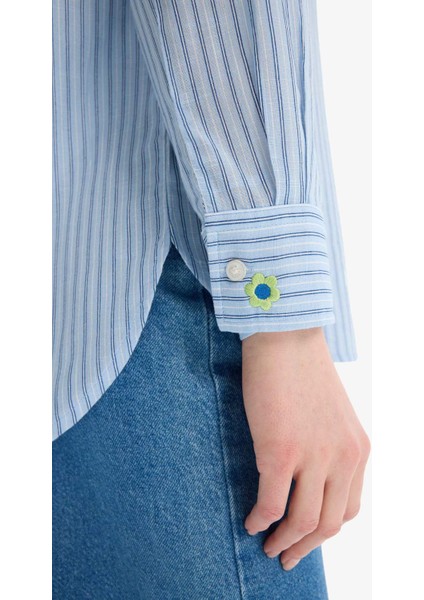Relax Fit Baskılı Flamlı Pamuk Çizgili Uzun Kollu Gömlek Tunik C8854AX25SM