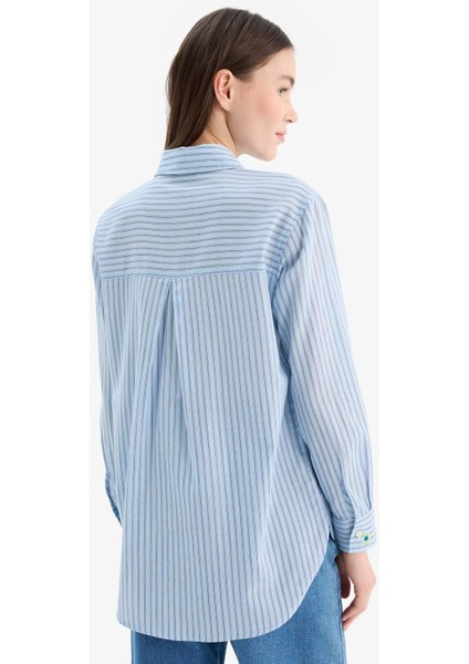 Relax Fit Baskılı Flamlı Pamuk Çizgili Uzun Kollu Gömlek Tunik C8854AX25SM