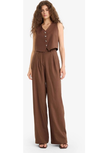 Wide Leg Çift Cepli Yüksek Bel Standart Boy Keten Karışımlı Pantolon E1986AX25AU