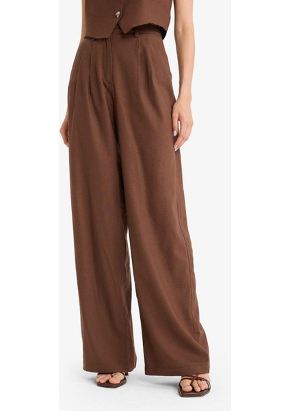 Wide Leg Çift Cepli Yüksek Bel Standart Boy Keten Karışımlı Pantolon E1986AX25AU indirimleri