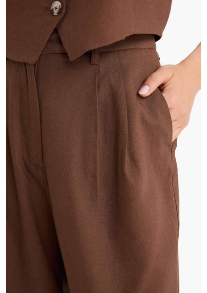 Wide Leg Çift Cepli Yüksek Bel Standart Boy Keten Karışımlı Pantolon E1986AX25AU