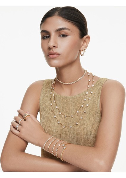 Beyaz ve Altın Kaplamalı, Yuvarlak Kesimli Şık Tenis Bileklik