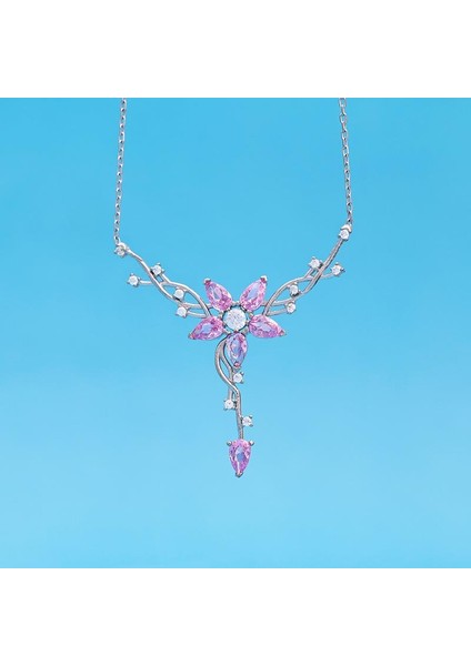 Pembe Taşlı Manolya Çiçeği Kadın Gümüş Kolye