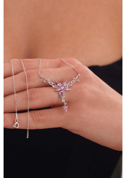 Pembe Taşlı Manolya Çiçeği Kadın Gümüş Kolye fiyatları