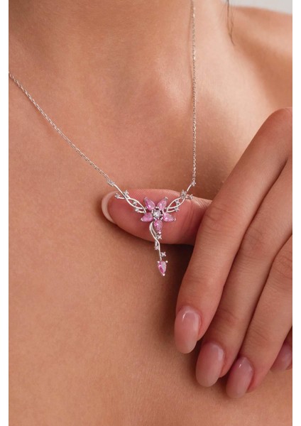 Pembe Taşlı Manolya Çiçeği Kadın Gümüş Kolye modelleri