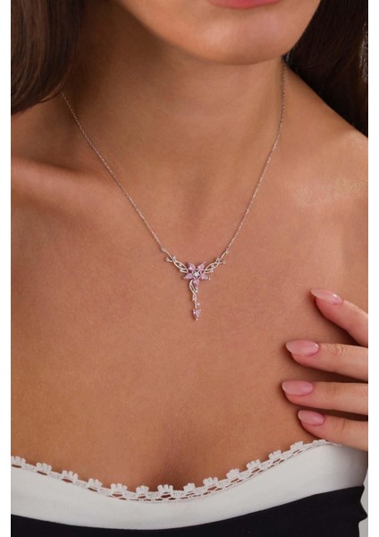 Pembe Taşlı Manolya Çiçeği Kadın Gümüş Kolye fırsatları