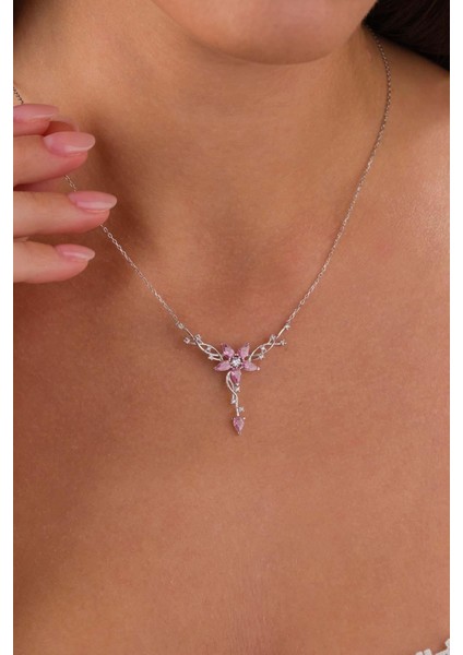 Pembe Taşlı Manolya Çiçeği Kadın Gümüş Kolye indirimleri