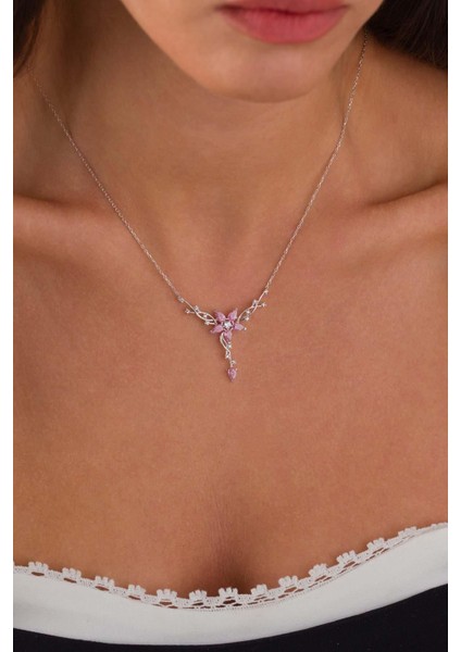 Pembe Taşlı Manolya Çiçeği Kadın Gümüş Kolye