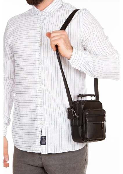 Şık Siyah Deri Erkek Omuz ve Çapraz Çanta, Günlük Kullanım Için Tasarım