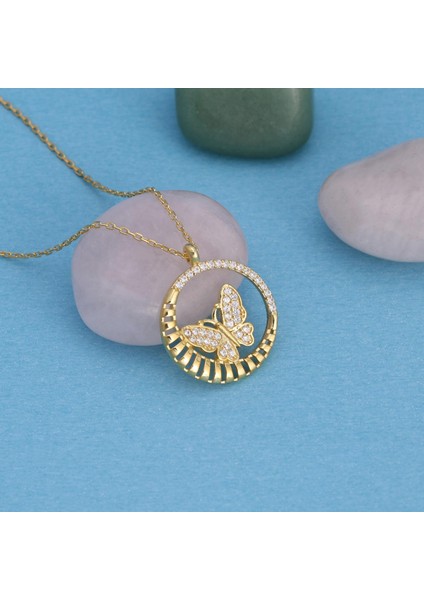 Zirkon Taşlı Altın Kaplama Kelebek Gümüş Kolye