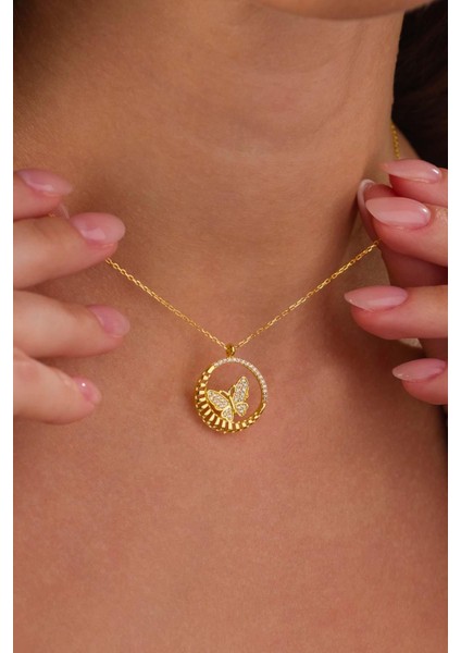 Zirkon Taşlı Altın Kaplama Kelebek Gümüş Kolye