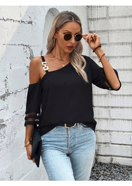Kadın Askılı Asimetrik Kesim Kol ve Yaka Kolda Tül ve Aksesuar Detaylı Janjan Krep Bluz fiyatları