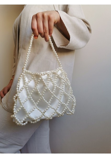 Baklava Desenli Inci Çanta, Krem Renkli, Şık Davet ve Abiye Çantası