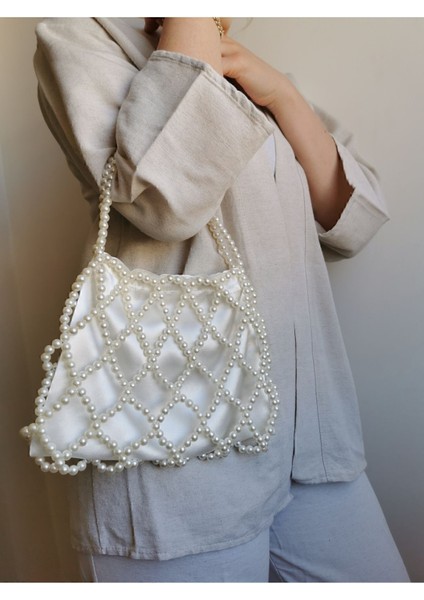 Baklava Desenli Inci Çanta, Krem Renkli, Şık Davet ve Abiye Çantası fırsatları