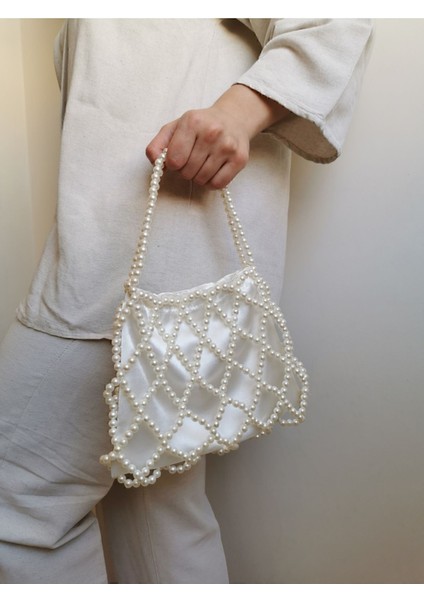 Baklava Desenli Inci Çanta, Krem Renkli, Şık Davet ve Abiye Çantası