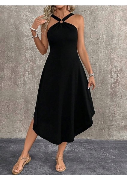 Kadın Boyundan Çapraz Askılı Halka Detaylı Asimetrik Kesim Viskon Elbise