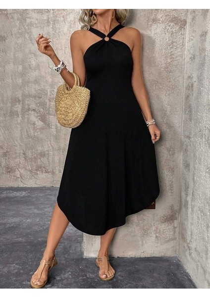 Kadın Boyundan Çapraz Askılı Halka Detaylı Asimetrik Kesim Viskon Elbise fiyatları