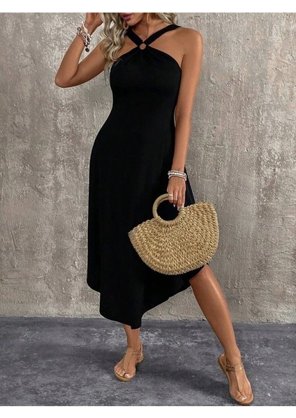 Kadın Boyundan Çapraz Askılı Halka Detaylı Asimetrik Kesim Viskon Elbise modelleri