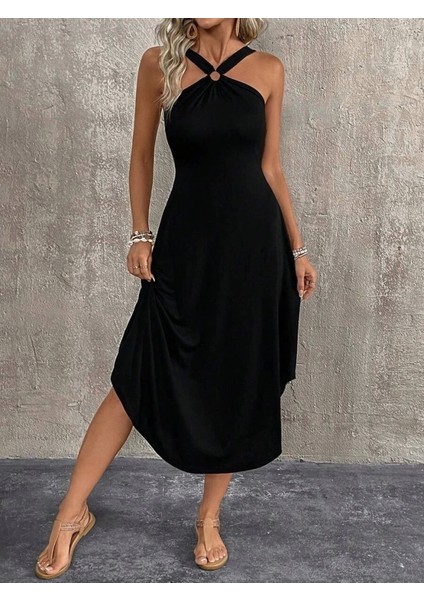 Kadın Boyundan Çapraz Askılı Halka Detaylı Asimetrik Kesim Viskon Elbise fırsatları