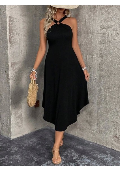 Kadın Boyundan Çapraz Askılı Halka Detaylı Asimetrik Kesim Viskon Elbise indirimleri