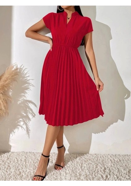 Kadın Kısa Kollu Hakim V Yakalı Pileli Janjan Krep Elbise