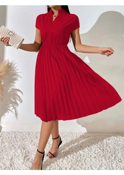 Kadın Kısa Kollu Hakim V Yakalı Pileli Janjan Krep Elbise fiyatları