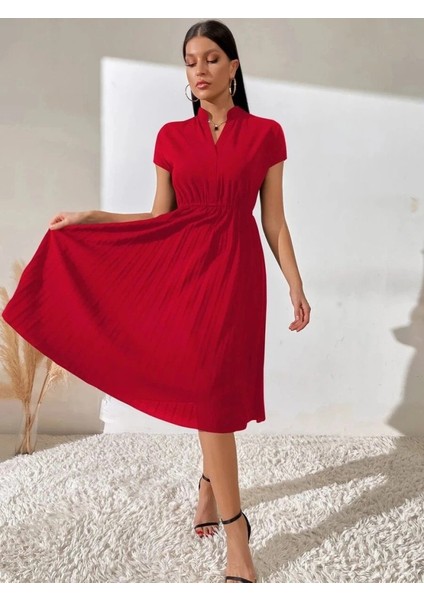 Kadın Kısa Kollu Hakim V Yakalı Pileli Janjan Krep Elbise modelleri