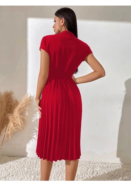 Kadın Kısa Kollu Hakim V Yakalı Pileli Janjan Krep Elbise fırsatları