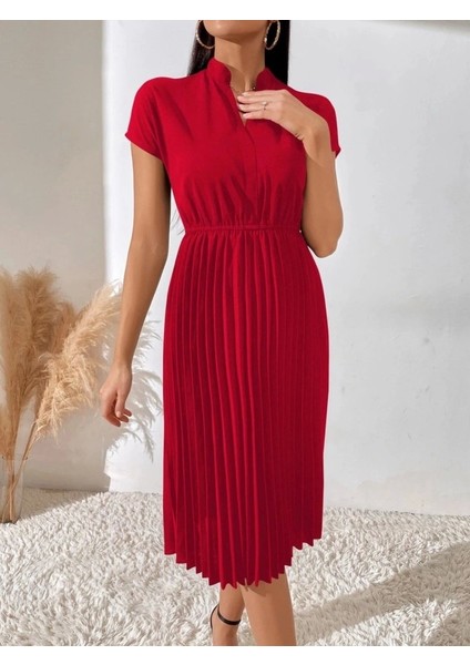 Kadın Kısa Kollu Hakim V Yakalı Pileli Janjan Krep Elbise indirimleri