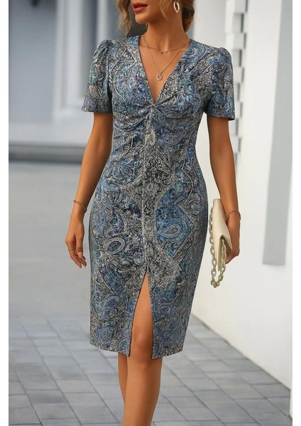 Kadın Kısa Kollu V Yakalı Çiçek Desenli Midi Atlas Elbise modelleri