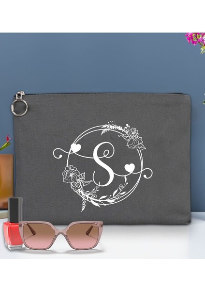 Harfli, Astarlı, Antrasit Portföy Çanta 30X21CM, Baskılı El ve Organizer Çanta