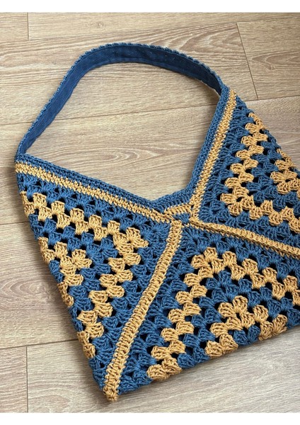 Lacivert Tığ Örgülü Hasır Çanta, Şık ve Hafif El Çantası
