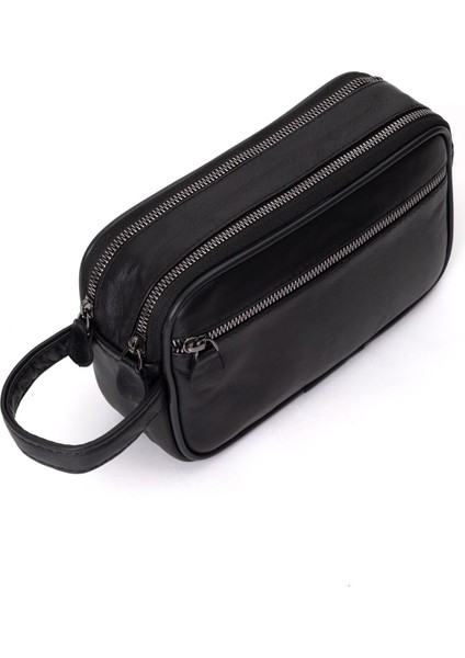 Şık Hakiki Deri Erkek El Çantası, Siyah, Çift Fermuarlı, Kullanışlı ve Dayanıklı