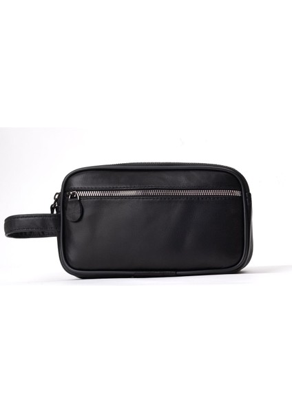 Şık Hakiki Deri Erkek El Çantası, Siyah, Çift Fermuarlı, Kullanışlı ve Dayanıklı modelleri