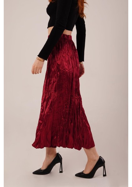 Midi Boy Pileli Saten Bordo Etek fırsatları