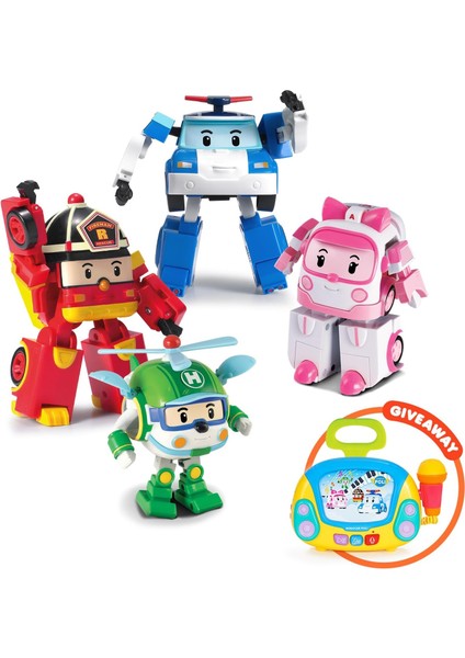 Paket Jukebox Poli+Amber+Roy+Helly Dönüşen Robot Oyuncaklar, 4" Tramsformable Action Figure Oyuncak, Acil Araç Playset, Tatil Doğum Günü Kurtarma Ekibi Araba Oyuncakları 1-5 Yaş A (Yurt Dışından)