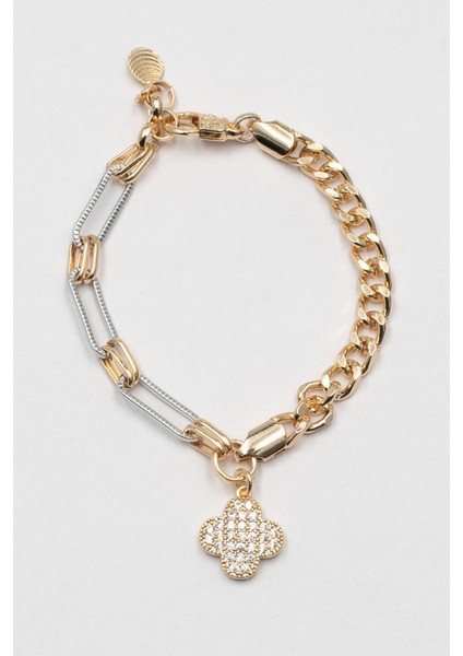 Parlak Zirkon Taşlı Yonca Desenli Altın Renk Bileklik, Şık ve Zarif Takı Parçası