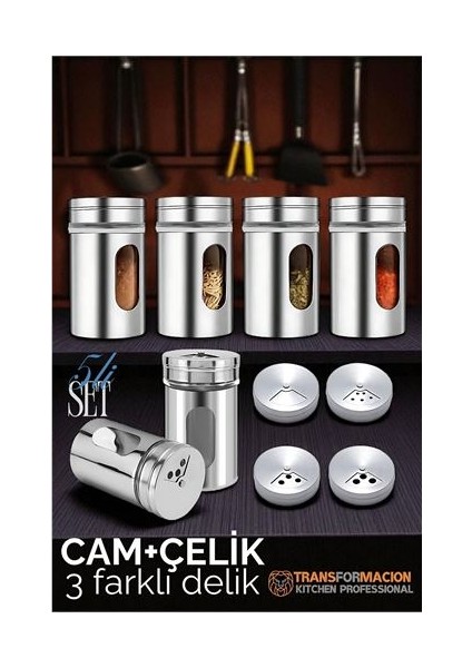 Cam+Çelik Tuzluk Biberlik Karabiberlik 3 Farklı Delikli 5 Li Set