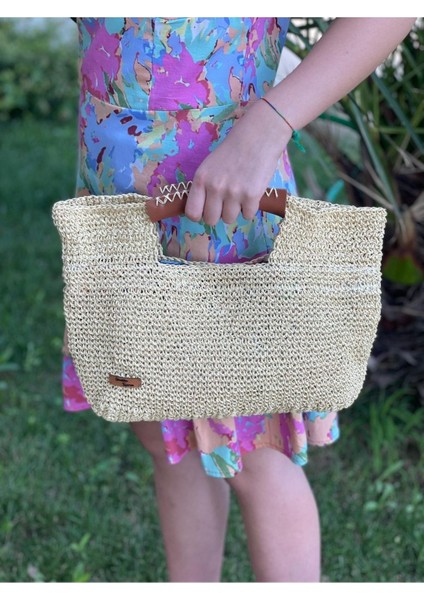 El Örgüsü Saplı Iç Astarlı Tasarım Kağıt Ip El Çanta 36X30 Bej