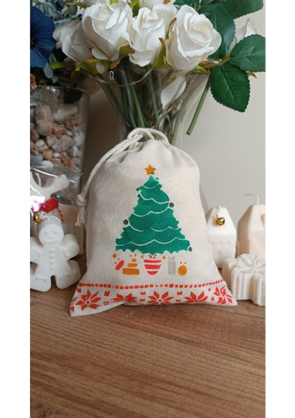 Yılbaşı Temalı Çam Ağacı Desenli Büzgülü Hediye Çantası Bej