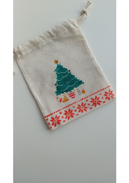 Yılbaşı Temalı Çam Ağacı Desenli Büzgülü Hediye Çantası Bej fiyatları