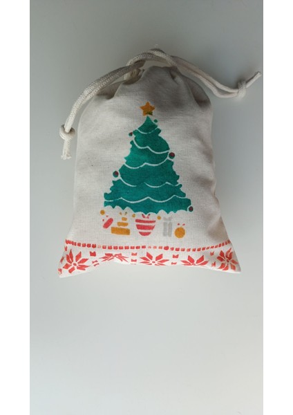 Yılbaşı Temalı Çam Ağacı Desenli Büzgülü Hediye Çantası Bej indirimleri
