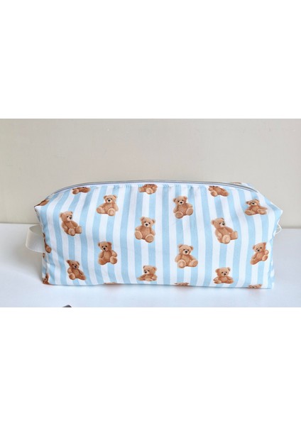 Ayıcık Desenli Mavi Dyson Airwrap Uyumlu Saç Şekillendirici Çantası 35x14x12, XXL Makyaj ve Kozmetik Organizer, %100 Pamuklu, Yıkanabilir, Seyahat ve Hediye İçin Ideal