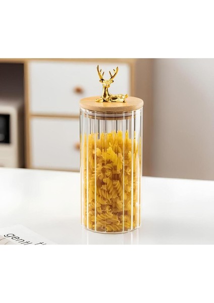 Borosilikat Cam Gold Geyik Figürlü Bambu Kapaklı Kavanoz 1 Adet 750 ml
