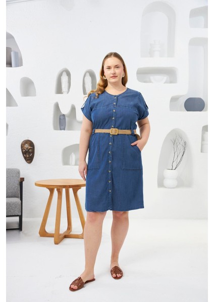 Hasır Kemer Detaylı Büyük Beden Tnsel Elbise Mavi