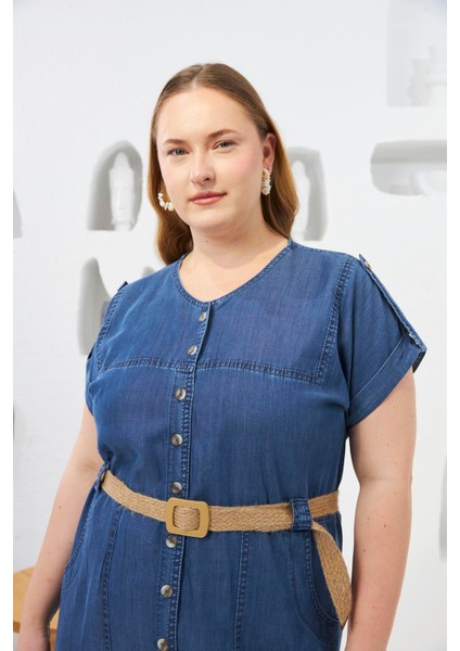 Hasır Kemer Detaylı Büyük Beden Tnsel Elbise Mavi modelleri