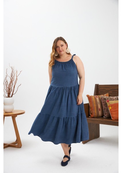 Lastik Büzgülü Kare Yaka Büyük Beden Günlük Elbise Mavi